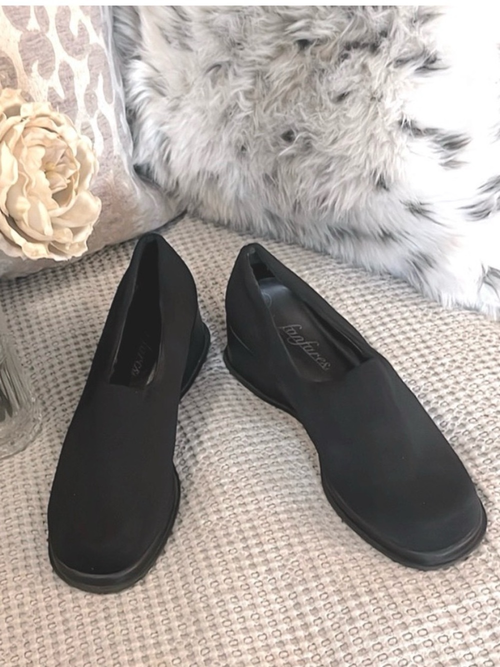 Fanfares Black Slip On Stretch Fabric 2” Wedge Chunky Joann Loafers Shoes Sz 7.5